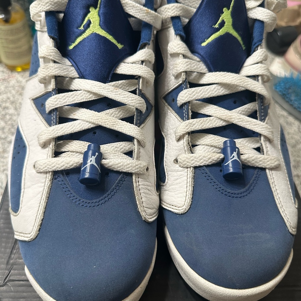 Jordan Mens Blue and White Sneakers with Green Accents